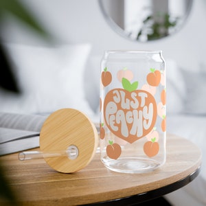 Just Peachy Tumbler, Peach Glass Can, Cute Fruit Glass Cup, Glass Cup Bamboo Lid, Bridal Party Gifts, Trendy Iced Coffee Beer Can Glass