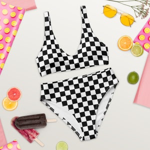Checkered Bikini Set, High Waisted Black White Checkerboard 80s 90s Top Check Cheeky Rave Swimsuit Swimwear Bathing Suit Plus Size Two Piece