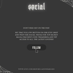 May include: A dark gray digital graphic featuring white spider web illustrations in the corners and hanging spiders. The text reads: SORIAL, DON'T MISS OUT ON THE FUN! HIT THAT FOLLOW BUTTON ON OUR ETSY SHOP AND PEEP OUR SOCIAL MEDIA. A FOLLOW button with a cursor.