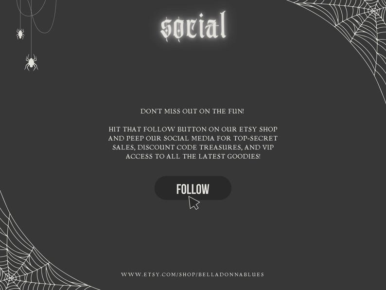May include: A dark gray digital graphic featuring white spider web illustrations in the corners and hanging spiders. The text reads: SORIAL, DON'T MISS OUT ON THE FUN! HIT THAT FOLLOW BUTTON ON OUR ETSY SHOP AND PEEP OUR SOCIAL MEDIA. A FOLLOW button with a cursor.