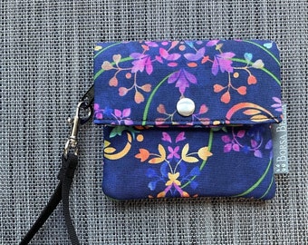 Small Slim Wallet - RFID Protected - Removable Wristlet - Zipper Pocket - Snap Closure -RFID Card Holder - Purple and Blue Floral Fabric