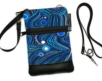 Wristlet Cell Phone Bag CONVERTS to Small Crossbody Purse - Cell Phone Belt Purse - Small Wristlet Belt Bag Zippered Pouch Blue Dots Fabric