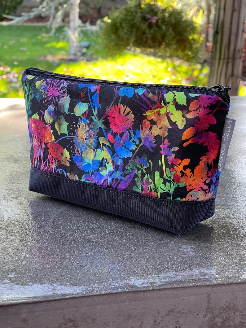 Large Gusseted Zippered Pouch Charger Pouch MADE in USA Cosmetic Bag Travel Bag Watercolor Floral Fabric Waterproof Lining Fabric image 2