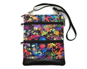 Crossbody Bag Cross body Purse - 3 zippered Sling Purse - 3 sizes - iPad Bag - 3 Zippered Crossbody - Sling Purse - Urban Jungle Fabric