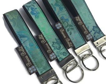 Key Fob Wristlet - Key Chain Wristlet Fabric - Keyfob - Keychain - Small Lanyard - READY TO SHIP - Bloomin Teal Fabric