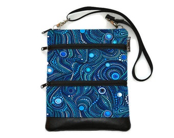Women's Crossbody Bag - 3 zippered Cross body Sling Purse - iPad Travel Bag - Boho Sling Bag - Small Crossbody Bag Blue Dot Kraken Fabric