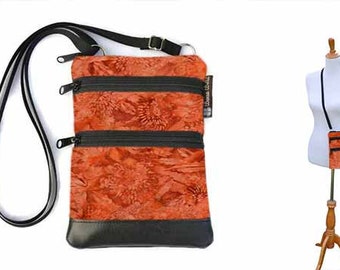 Small Women Crossbody Purse, 3 Zippered Pocket, Cell Phone sling bag - Zippered crossbody bag, Minimalist Purse, Orange Batik Fabric