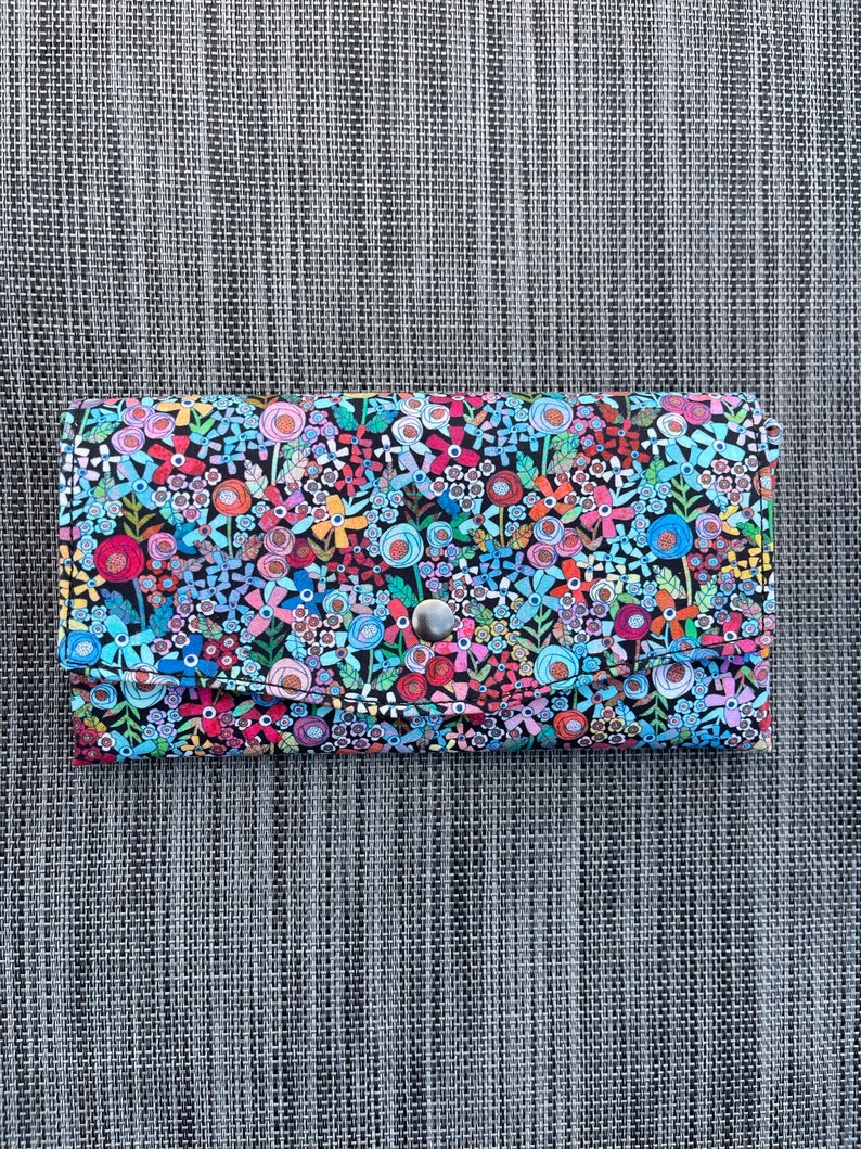 RFID Wallet Women, Slim Wallet Women, RFID Protected, Fabric Wallet, Cell Phone Wallet Blue Mini Wild Flowers Fabric image 1