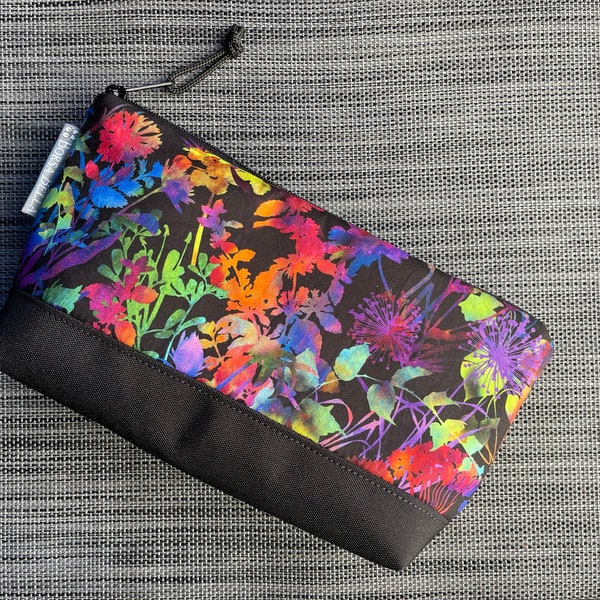 Large Gusseted Zippered Pouch - Charger Pouch - MADE in USA - Cosmetic Bag - Travel Bag - Watercolor Floral Fabric- Waterproof Lining Fabric