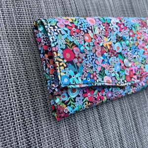 RFID Wallet Women, Slim Wallet Women, RFID Protected, Fabric Wallet, Cell Phone Wallet Blue Mini Wild Flowers Fabric image 3