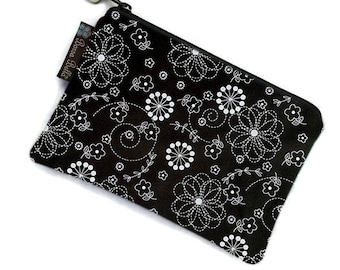 Small Zipper Pouch -Small Makeup Bag -Charger Bag - Wristlet - small storage bag - 3 SIZES - Coin Pouch -Made in the USA- Black White Fabric