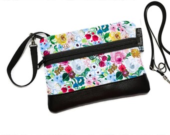 Crossbody Cell Phone Bag CONVERTS to Wristlet - Cell Phone Belt Bag - RFID Credit Card Slots - Zippered Pouch Stella Floral Fabric