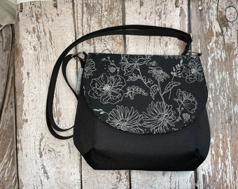 BIGGER Bitsy Messenger Purse - Small Flap Purse -Small Messenger Bag - Cross Body Purse Small Crossbody Bag Black and White Floral Fabric