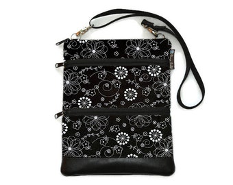 Small Fabric Crossbody Bag for Women - 3 SIZES - 3 Zippered Purse - Mini Sling Purse - iPad Travel Bag - Small Shoulder Bag Black and White