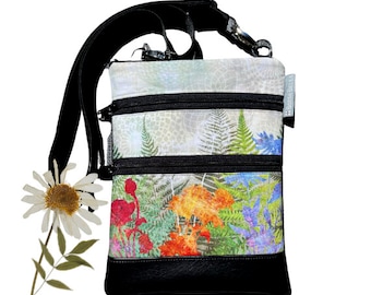 Small Fabric Crossbody Bag for Women - 3 SIZES - 3 Zippered Purse - Mini Sling Purse - iPad Travel Bag - Small Shoulder Bag  Fern Fabric