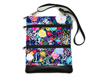 Crossbody Bag Cross body Purse - 3 zippered Sling Purse - iPad Bag - Tablet Bag - Cross Body Tablet Bag - Crossbody Painted Pedals Fabric