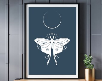 Moth Wall Art Print, Navy Blue Wall Art featuring a Lunar Moth and the moon for living room, bedroom, bathroom decor