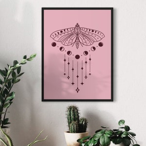 Pink Lunar Moth with moon phase and dangles printable, digital download in all of the popular frame sizes