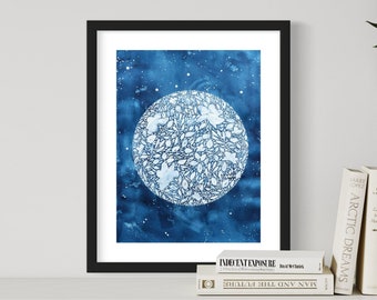 Full Moon Art Print - Indigo & White Floral Wall Decor for Modern, Vintage, or Bohemian Spaces STRENGTH wall art print