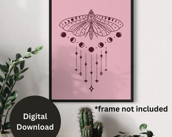 Luna Moth Wall Art Print, Pink Wall Art featuring a Luna Moth and moon phases for living room, bedroom, bathroom decor, Instant Download