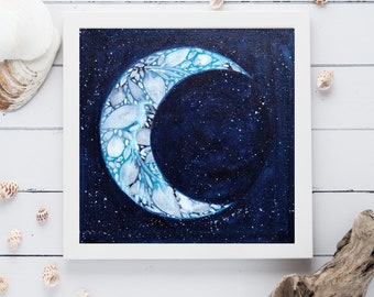 Moon Wall Art 10x10 Navy Blue Original Hand-Painted Crescent moon painting on canvas for nursery's, baby room decor or bedroom