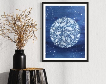 Moon Wall Art Navy Blue Original Hand-Painted botanical moon painting on canvas 18x24 inches for nursery's, bedroom decor, living room art