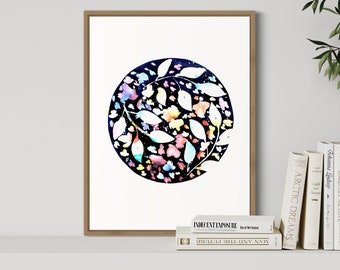 Full Moon Painting - Colorful Floral Painting Print Wall Decor for Modern, Vintage, or Bohemian Spaces PEACE wall art print