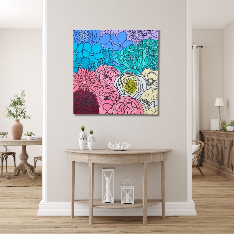 Original Flower Painting: Colorful Botanical Wall Art for Modern Boho Decor - Nature Art for Living Room or colorful art for nursery decor