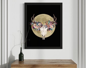 Floral Buck Moon Wall Art Print for moody bohemian aesthetic