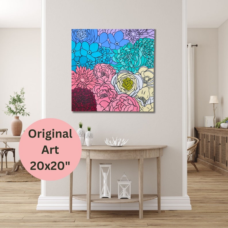 Original Flower Painting: Colorful Botanical Wall Art for Modern Boho Decor - Nature Art for Living Room or colorful art for nursery decor