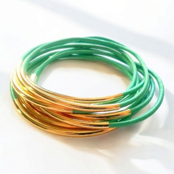 Mint and Gold Leather Bangle Bracelets, Mint Bangles,  Set of 9 Leather Bangle Bracelets, Boho Stackable Bracelets, wrap bracelets