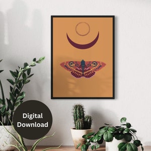 Moth wall art collection of 5 printable art pieces in all of the popular frame sizes from 5x7 to 24x36 inches. Featuring bright bold backgrounds, delicate moths and the phases of the moon