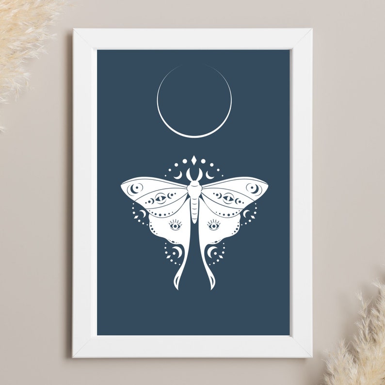 Blue & White Lunar Moth and moon printable wall art in all popular frame sizes