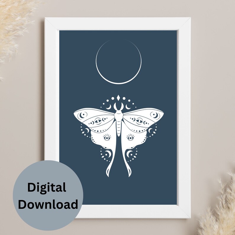 Moth wall art collection of 5 printable art pieces in all of the popular frame sizes from 5x7 to 24x36 inches. Featuring bright bold backgrounds, delicate moths and the phases of the moon