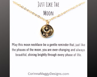 Gold Crescent Moon Necklace: Inspiring gift for her, perfect for graduation gift or birthday gift. Inspirational quotes