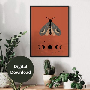 Moth wall art collection of 5 printable art pieces in all of the popular frame sizes from 5x7 to 24x36 inches. Featuring bright bold backgrounds, delicate moths and the phases of the moon