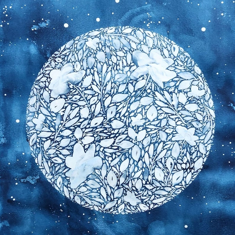 "Strength" - This painting empowers you to face challenges with resilience.
Original Painting 18x24” Acrylic & Watercolor on 300gm paper
Indigo blue watercolor background with white splash stars and white floral full moon.