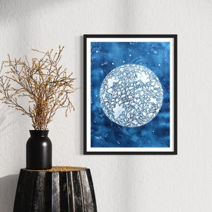 "Strength" - This painting empowers you to face challenges with resilience.
Original Painting 18x24” Acrylic & Watercolor on 300gm paper
Indigo blue watercolor background with white splash stars and white floral full moon.