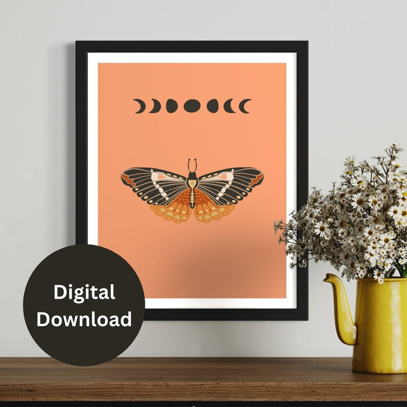 Moth wall art collection of 5 printable art pieces in all of the popular frame sizes from 5x7 to 24x36 inches. Featuring bright bold backgrounds, delicate moths and the phases of the moon