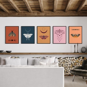 Moth wall art collection of 5 printable art pieces in all of the popular frame sizes from 5x7 to 24x36 inches. Featuring bright bold backgrounds, delicate moths and the phases of the moon