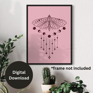 Moth wall art collection of 5 printable art pieces in all of the popular frame sizes from 5x7 to 24x36 inches. Featuring bright bold backgrounds, delicate moths and the phases of the moon