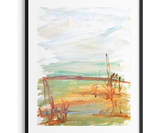 Peut inclure: Une peinture abstraite encadrée présentant des couches horizontales de couleur. La partie supérieure montre des coups de pinceau bleu clair et blanc, tandis que la partie inférieure affiche des tons terreux de vert, orange et brun.