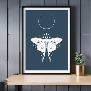Blue & White Lunar Moth and moon printable wall art in all popular frame sizes