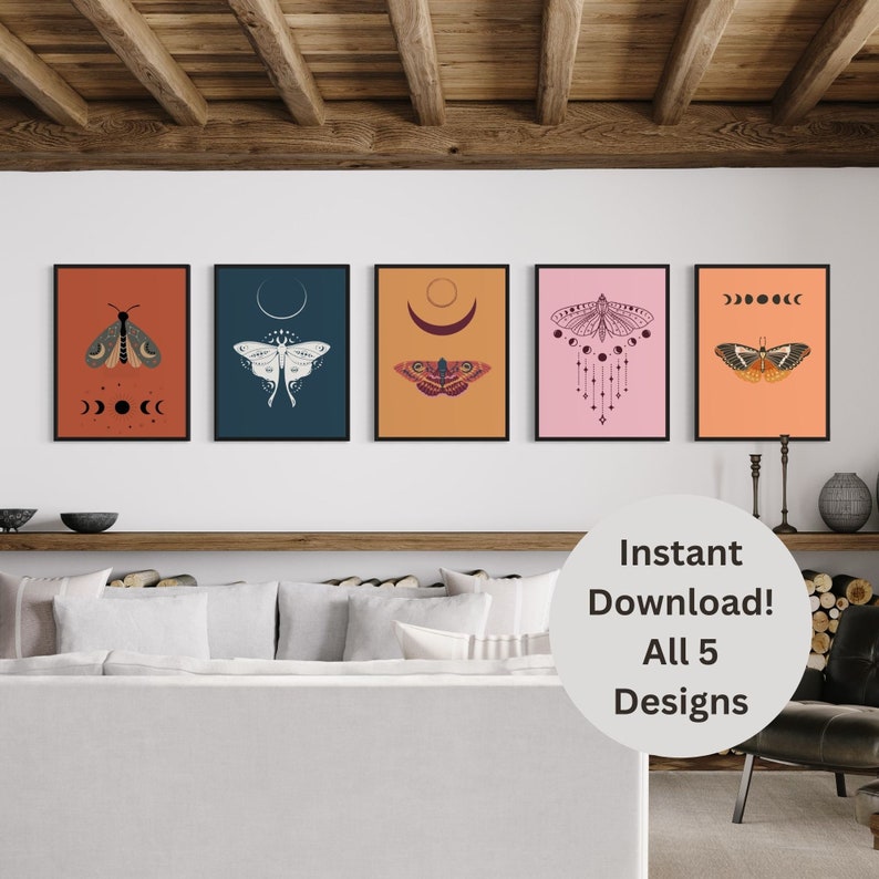 Moth wall art collection of 5 printable art pieces in all of the popular frame sizes from 5x7 to 24x36 inches. Featuring bright bold backgrounds, delicate moths and the phases of the moon