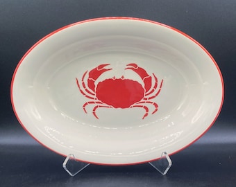 Vintage 1990s American Atelier SUNSET Oval Serving Bowl w Red Crab #5640 Seafood