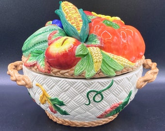 Vintage 1996 Fitz & Floyd Autumn Harvest Serving Bowl with Lid / Fruits Vegetables