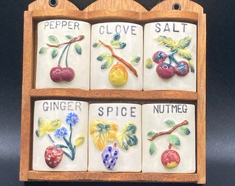 Vintage 1950's GNCO Japan Ceramic Wood Spice Rack 6 Shakers Fruit Theme