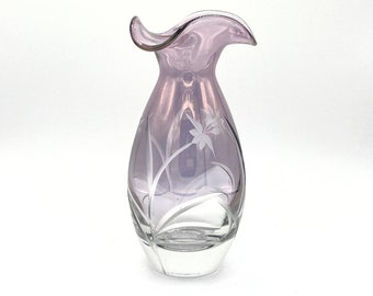 LENOX Crystal Vase Petite Floral Amethyst Etched Made in ROMANIA 9 in