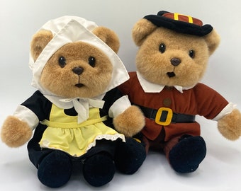 Vintage 1997 Gibson Greetings Plüsch Pilgrim Bears Thanksgiving Set 12 "Spielzeug