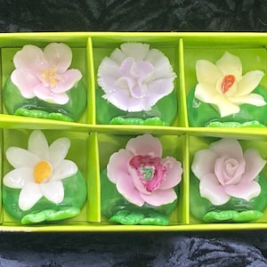 Conjunto de 6 porta-cartões florais de porcelana fina diamantina da década de 1960